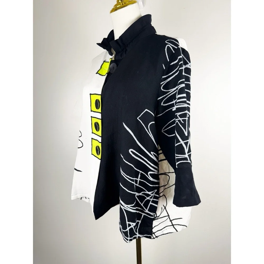 Ali Miles Artsy Colorblock Jacket PL Petite Large Black White Lime Wire Collar